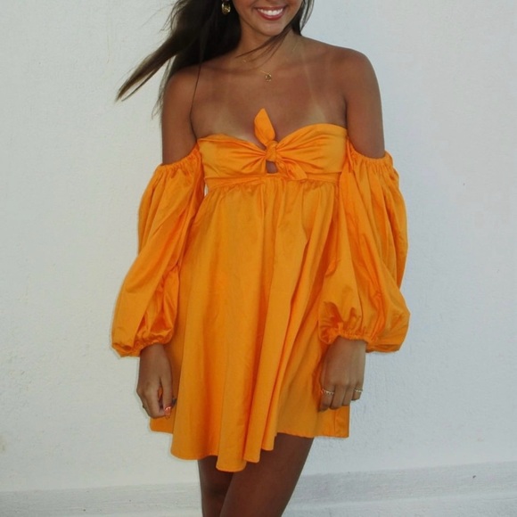 NWT For Love & Lemons St. Lucia Dress Off Shoulder Size Small Orange - Picture 4 of 10